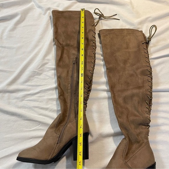 NEW! TOP MODA ZOLA 22-inch Over-the-Knee Lace Up Taupe Faux Suede Boots, 6.5 - Picture 2 of 9